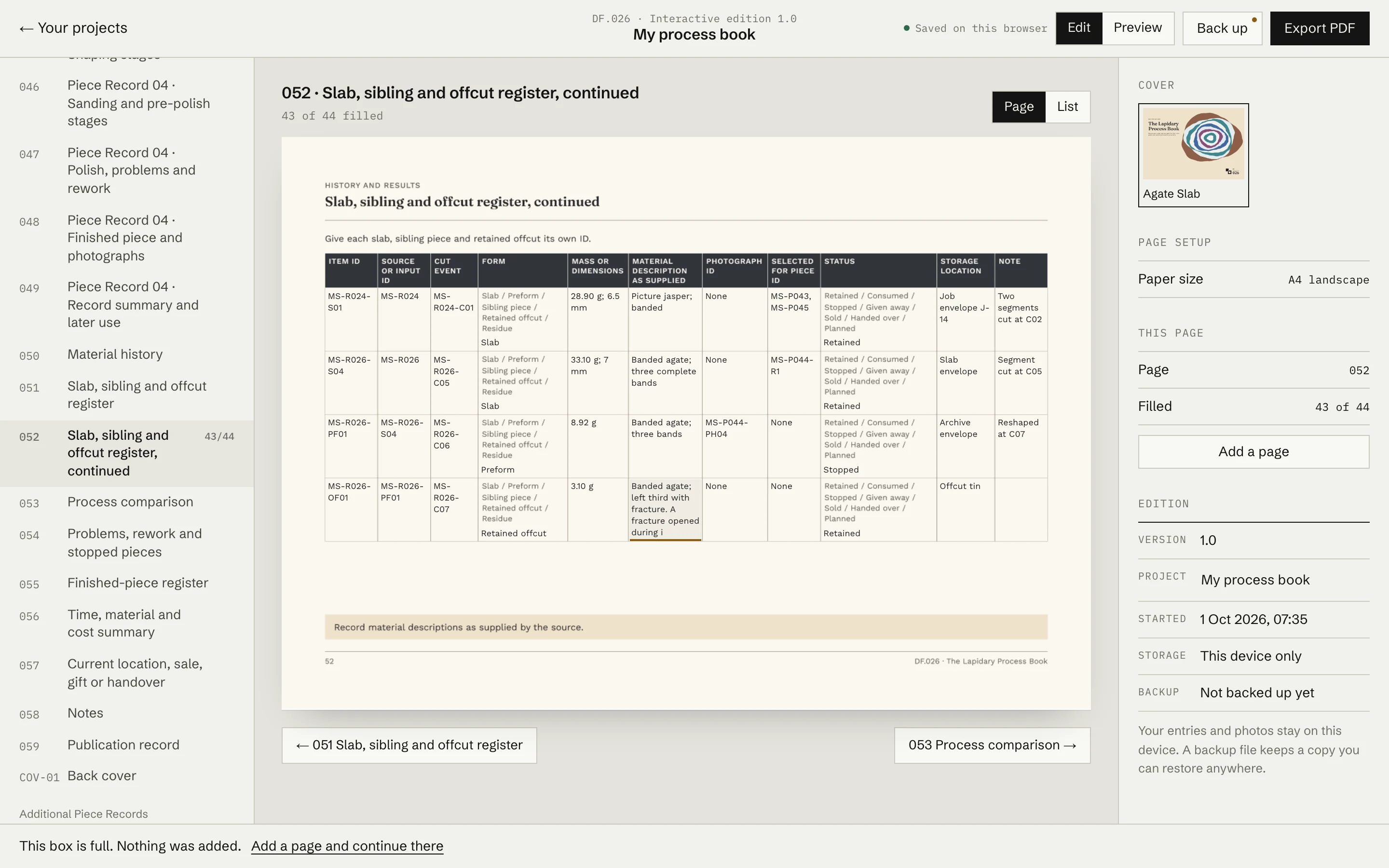 A full register page: the box is full, with the option to add a page and continue there