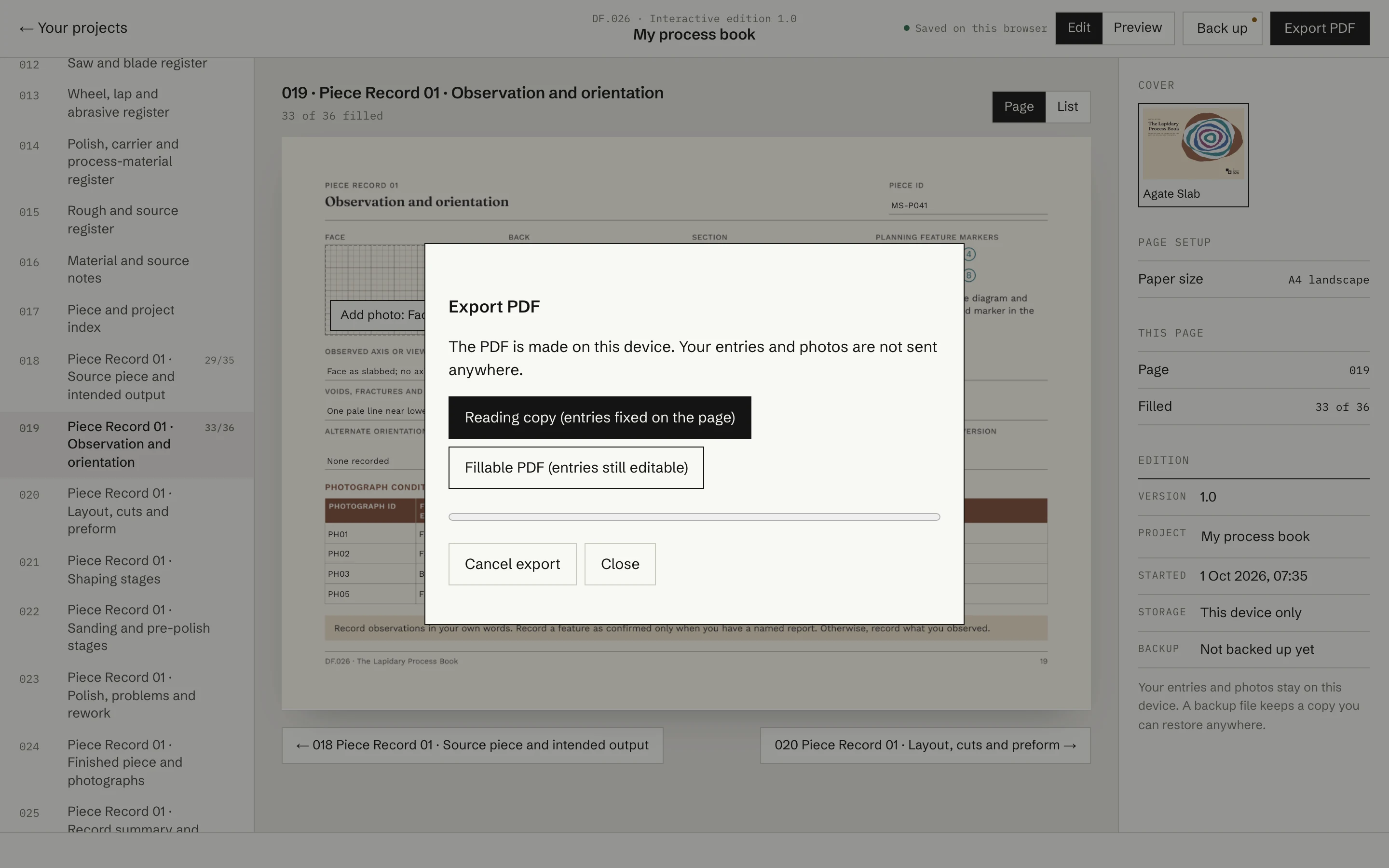 The Export PDF choice: a reading copy with entries fixed on the page, or a fillable PDF