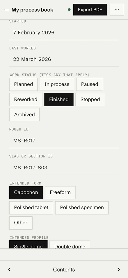 The same edition on a phone, with tick options and the Export PDF button