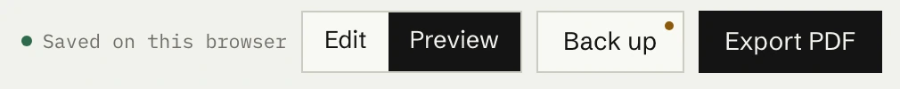 The edition’s top bar: Saved on this browser, with the Back up and Export PDF buttons