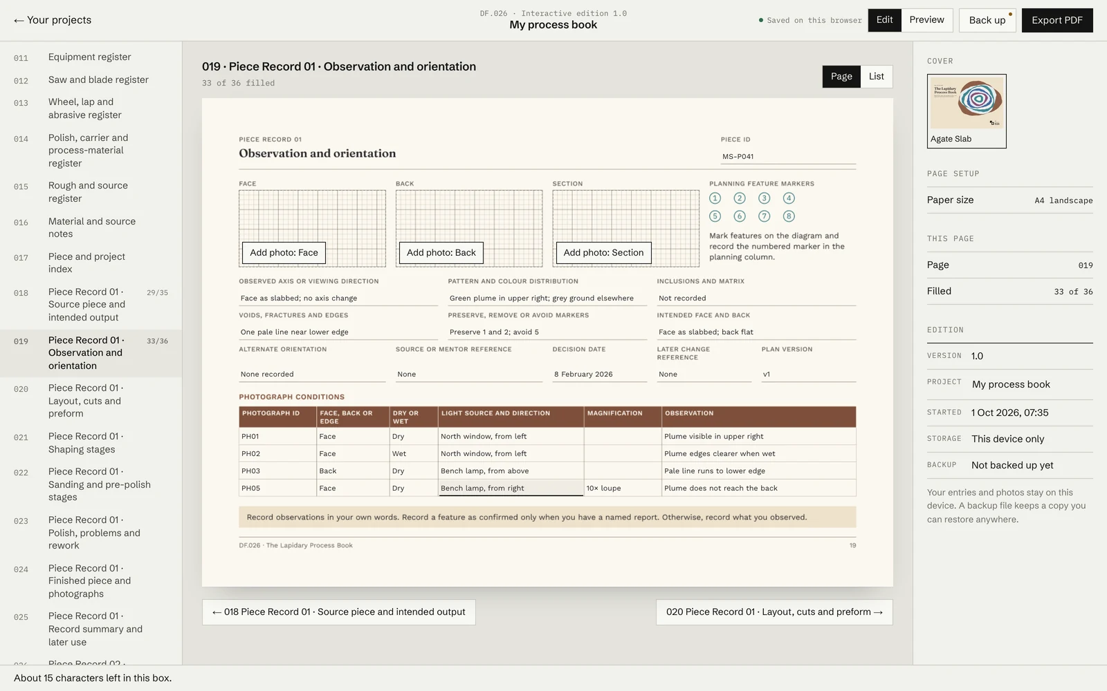 The Lapidary Process Book open in the Interactive Edition: the page list, a Piece Record page being filled in, and the save status