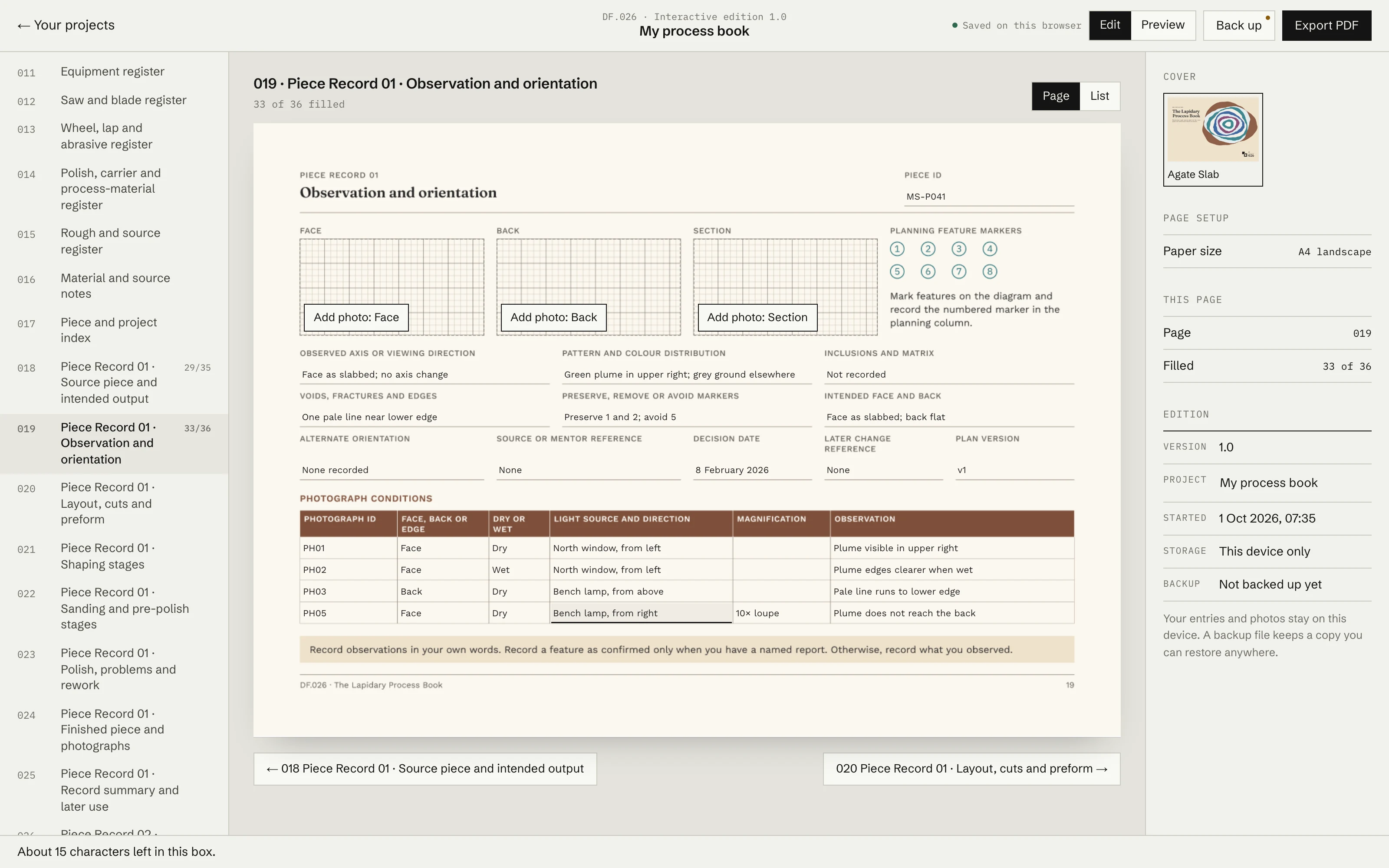 The page list, with how many fields are filled on each page