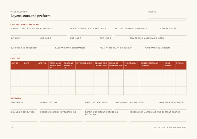 Piece Record 01 · Layout, cuts and preform